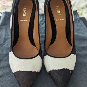 FENDI Brown/White Zebra Calf-Hair Pointed Toe Diamond Cut Heeled Pump Size 38